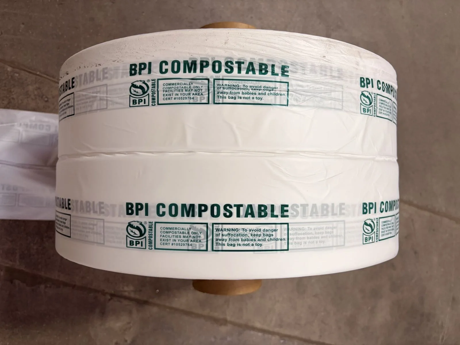BPI certified compostable produce bags on a roll
