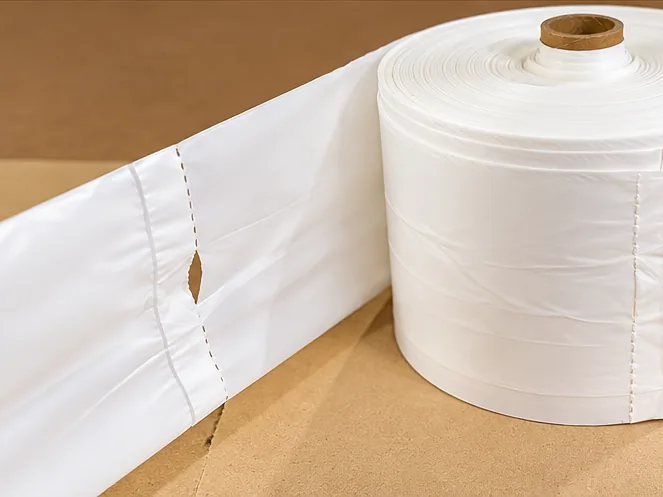 Compostable produce bags unrolled to show perforated tear lines